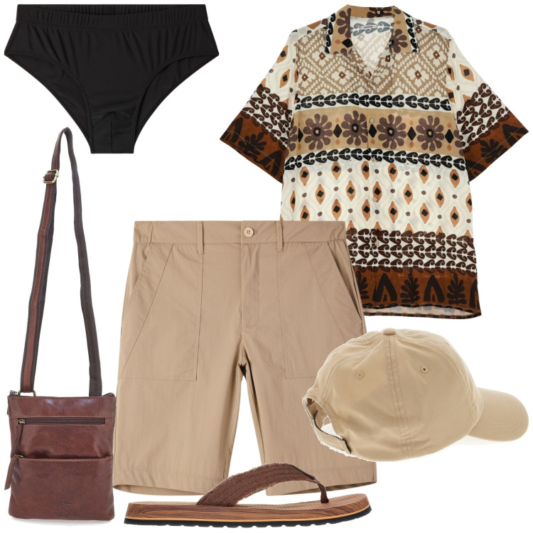 Outfit uomo - In vacanza. Stile Casual per Tutti i giorni. Abbinamento con pantaloni corti, costumi, camicie a manica corta, cappelli, portafogli, sandali.