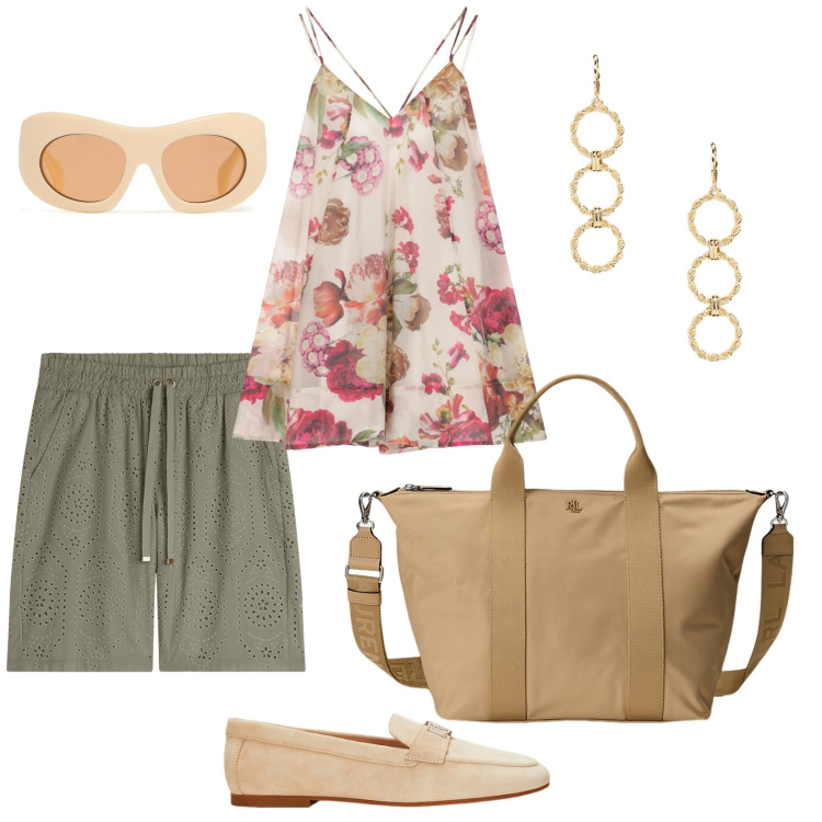 Outfit donna - In vacanza. per Tutti i giorni. Abbinamento con vestiti corti, bermuda, mocassini, borse tote, orecchini, occhiali da sole.