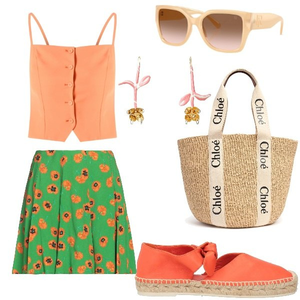 Outfit donna - Outifit di luglio. Stile Casual per Tutti i giorni. Abbinamento con orecchini, minigonne, espadrillas, canottiere, occhiali da sole, shopping bag.