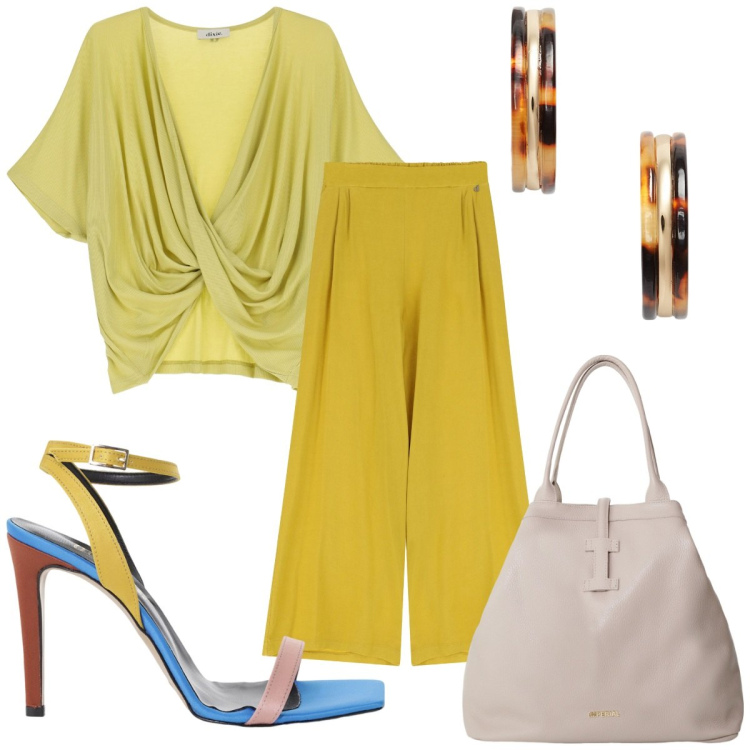 Outfit donna - Dixie Summer Sales SS25: colori estivi. Stile Trendy per Tutti i giorni. Abbinamento con borse tote, t-shirt, pantaloni, sandali col tacco, orecchini.