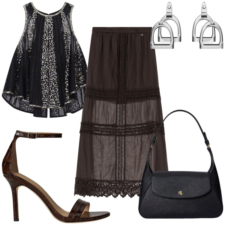 Outfit donna - Dixie Summer Sales : top glamour. Stile Glamour per Serata fuori. Abbinamento con top, gonne lunghe, orecchini, borse a spalla, sandali in pelle.