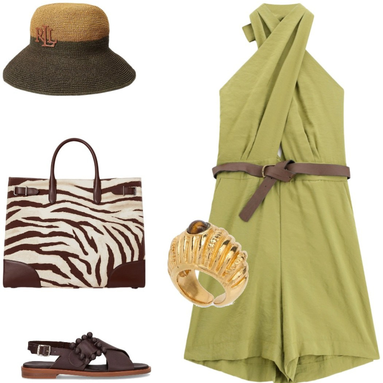 Outfit donna - Summer mode. Stile Glamour per Tutti i giorni. Abbinamento con tute, borse tote, cappelli, anelli, sandali.