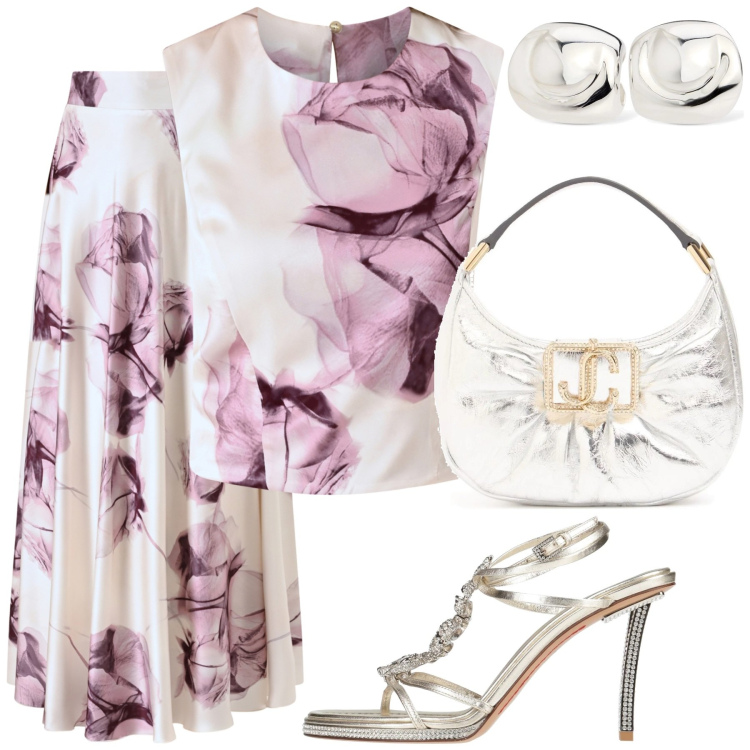 Outfit donna - Testimone di nozze. Stile Chic per Cerimonia. Abbinamento con sandali in pelle, gonne lunghe, top, borse a mano, orecchini.