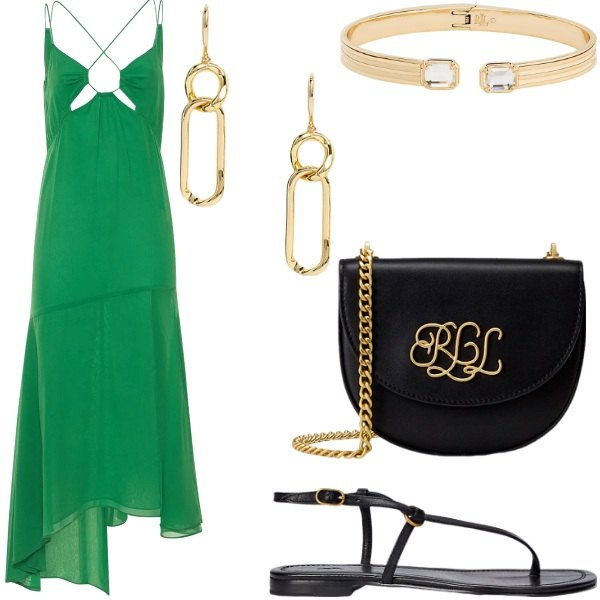 Outfit donna - Le serate di Luglio. Stile Glamour per Serata fuori. Abbinamento con braccialetti, sandali in pelle, borse a tracolla, orecchini, vestiti midi/longuette.