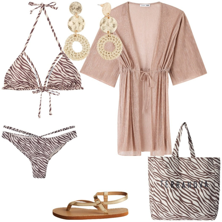 Outfit donna - Kimono. Stile Etnico per Mare. Abbinamento con orecchini, borse tote, bikini, caftani, ciabatte, bikini.