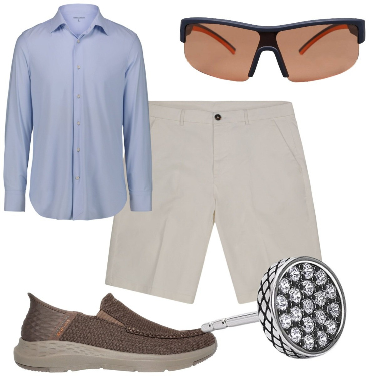Outfit uomo - Bermuda sartoriali d\'estate. Stile Trendy per Tutti i giorni. Abbinamento con occhiali da sole, orecchini, sneakers, bermuda, camicie.