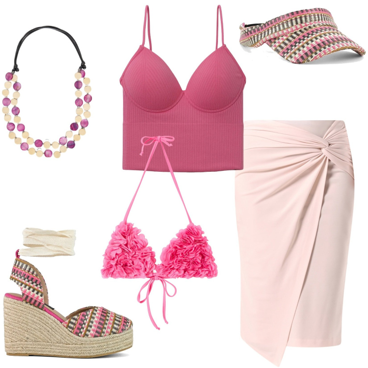 Outfit donna - Party in spiaggia. Stile Chic per Mare. Abbinamento con top, bikini, gonne, zeppe, cappelli con visiera, collane.