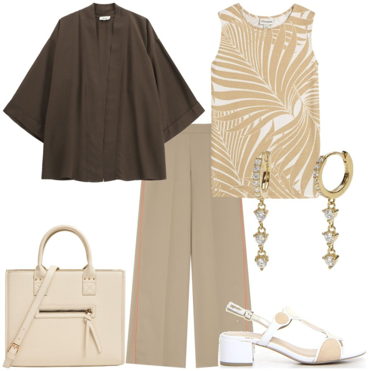 Outfit donna - Estate in ufficio. Stile Bon Ton per Ufficio. Abbinamento con top, shopping bag, orecchini, pantaloni, blazer, sandali col tacco.