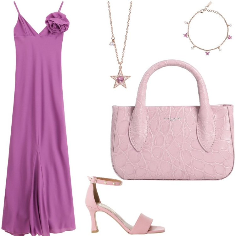 Outfit donna - Un fiore per dettaglio. Stile Glamour per Serata fuori. Abbinamento con borse a mano, braccialetti, collane, sandali col tacco, vestiti lunghi.