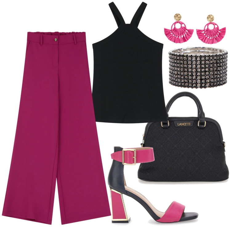 Outfit donna - Un pranzo speciale. Stile Casual chic per Serata fuori. Abbinamento con orecchini, top, pantaloni a palazzo, braccialetti, sandali col tacco, borse a spalla.