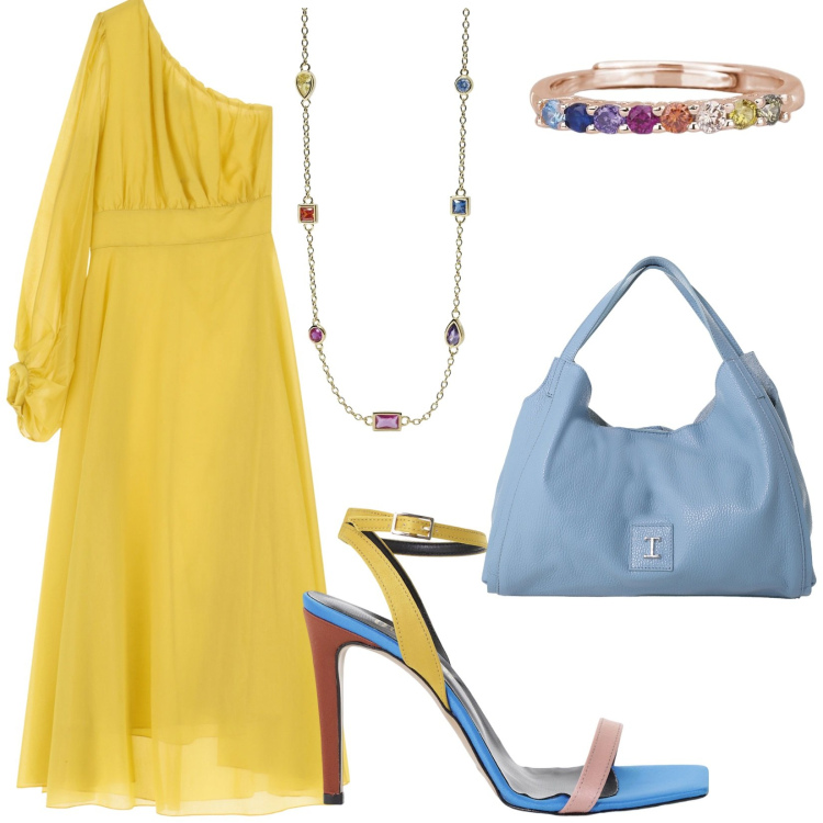Outfit donna - L \'abito monospalla. Stile Romantica per Cerimonia. Abbinamento con anelli, collane, pochette, vestiti lunghi, sandali col tacco.