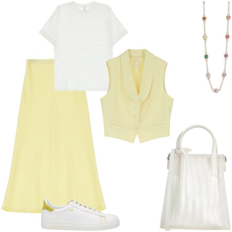 Outfit donna - Si va a lavoro così. Stile Minimal per Ufficio. Abbinamento con borse a mano, sneakers, collane, gonne longuette, gilet, t-shirt.