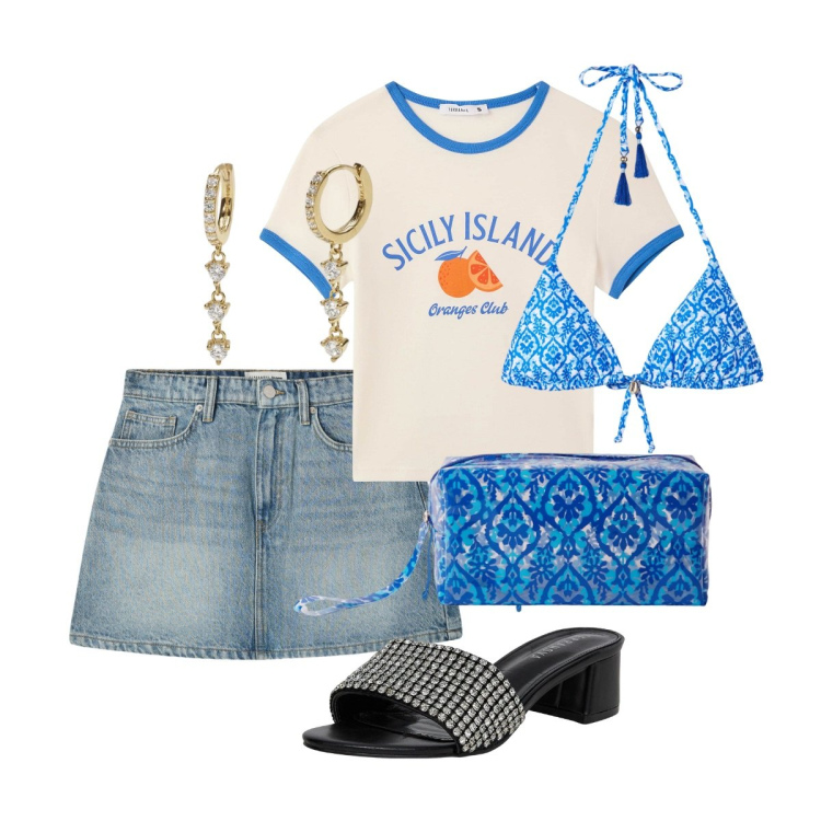 Outfit donna - La siciliana. Stile Sexy per Tutti i giorni. Abbinamento con t-shirt, minigonne, pochette, bikini, ciabatte, orecchini.