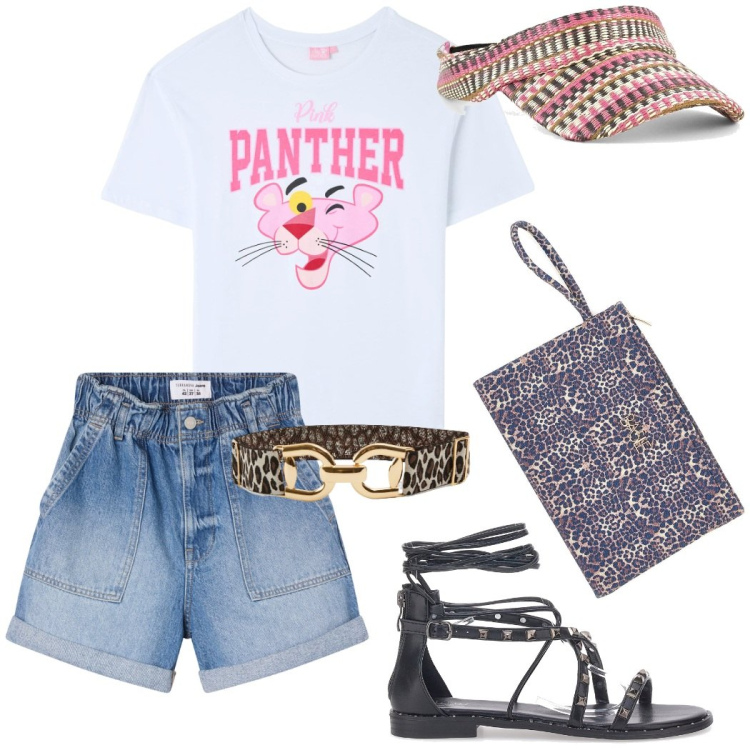 Outfit donna - Generazione Z. Stile Casual chic per Tutti i giorni. Abbinamento con cinture, shorts, t-shirt, sandali alla schiava, cappelli con visiera, pochette.