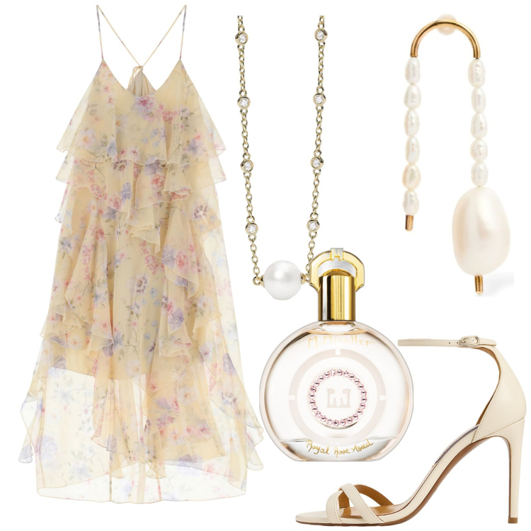 Outfit donna - Perle e leggerezza. Stile Chic per Cerimonia. Abbinamento con profumi, collane, vestiti lunghi, sandali col tacco, orecchini.
