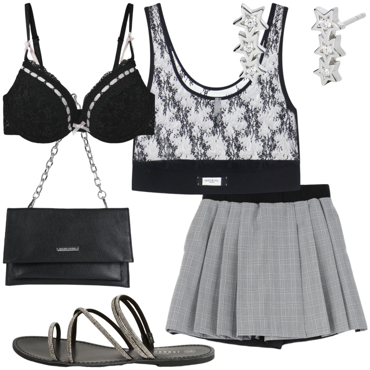 Outfit donna - Le stelle di luglio. Stile Trendy per Serata fuori. Abbinamento con borse a mano, reggiseni push-up, sandali, orecchini, gonne, top.