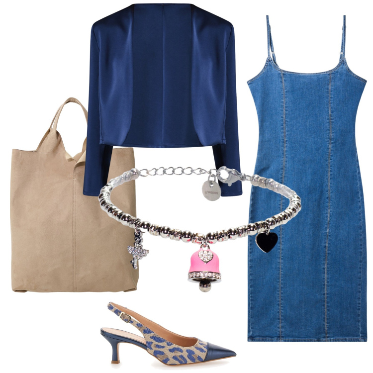 Outfit donna - Ufficio caldo , ma glamour. Stile Urban per Ufficio. Abbinamento con vestiti a tubino, bolero, braccialetti, shopping bag, décolleté.