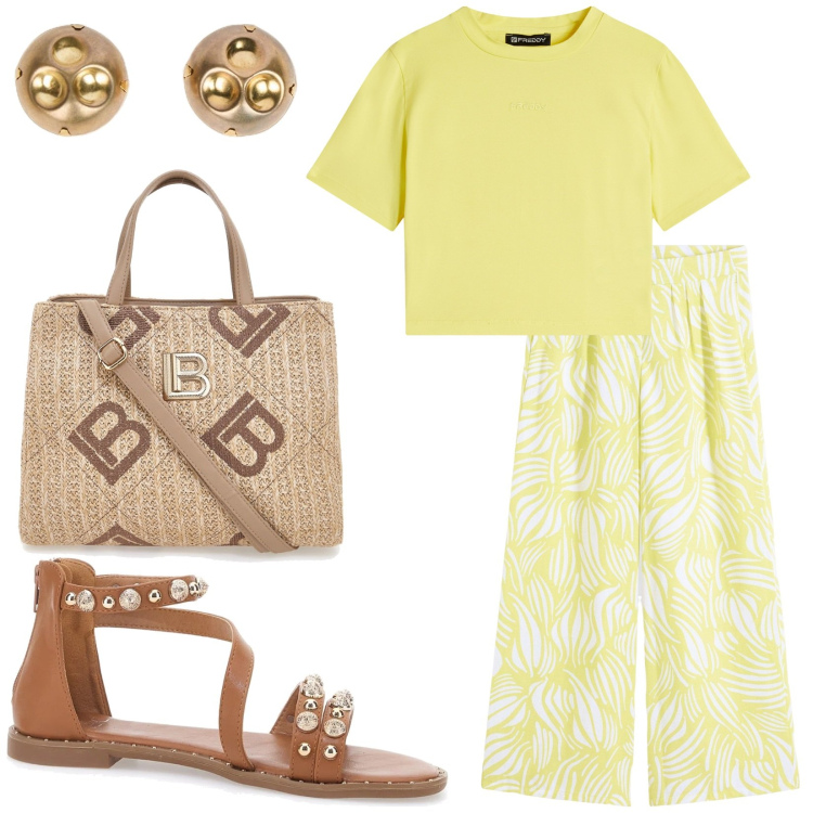 Outfit donna - Total look #2197454. Stile Urban per Tutti i giorni. Abbinamento con pantaloni a palazzo, t-shirt, sandali, borse a tracolla, orecchini.