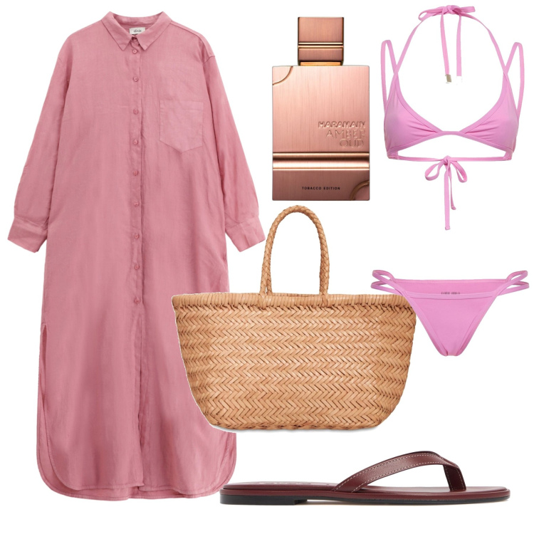 Outfit donna - Chic in spiaggia. Stile Chic per Mare. Abbinamento con profumi, vestiti lunghi, shopping bag, ciabatte, bikini.