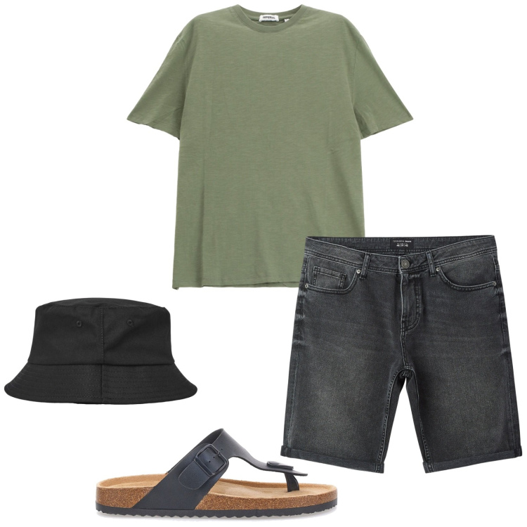 Outfit uomo - Summer. Stile Casual per Tutti i giorni. Abbinamento con cappelli, bermuda, t-shirt, sandali.