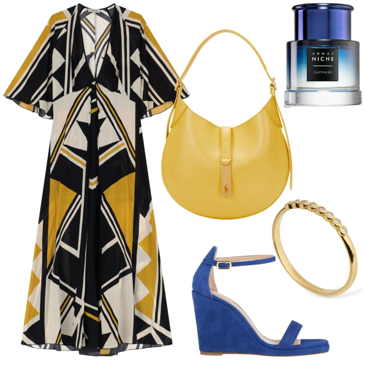Outfit donna - Vintage. Stile Vintage retrò per Ufficio. Abbinamento con sandali in pelle, profumi, vestiti lunghi, borse a spalla, anelli.