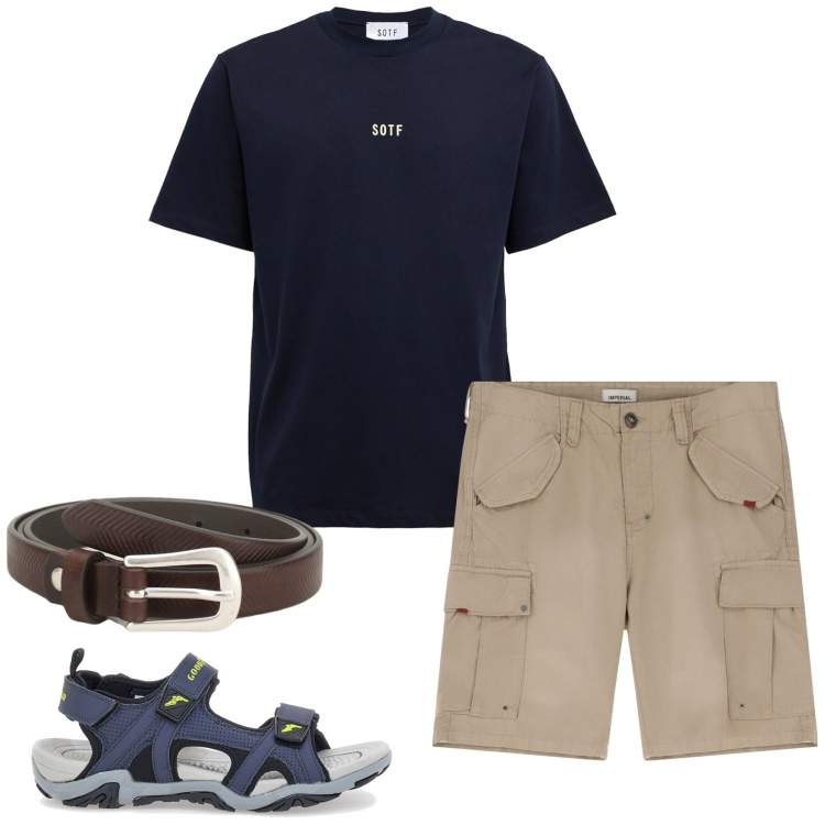 Outfit uomo - Good vibes. Stile Casual per Tutti i giorni. Abbinamento con cinture, bermuda, sandali, t-shirt.