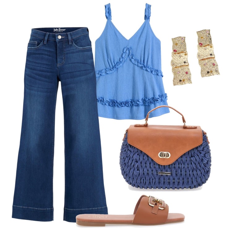 Outfit donna - 70s rivisitato. Stile 70s per Tutti i giorni. Abbinamento con jeans a zampa, top, orecchini, ciabatte, borse a tracolla.