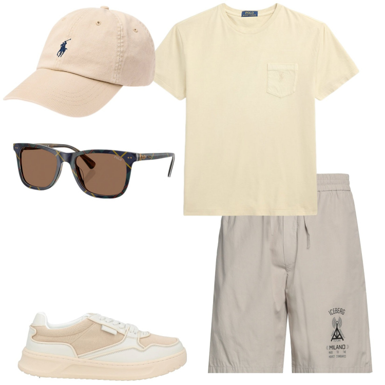 Outfit uomo - Semplice, fresco. Stile Casual per Tutti i giorni. Abbinamento con sneakers, shorts, cappelli, occhiali da sole, t-shirt.