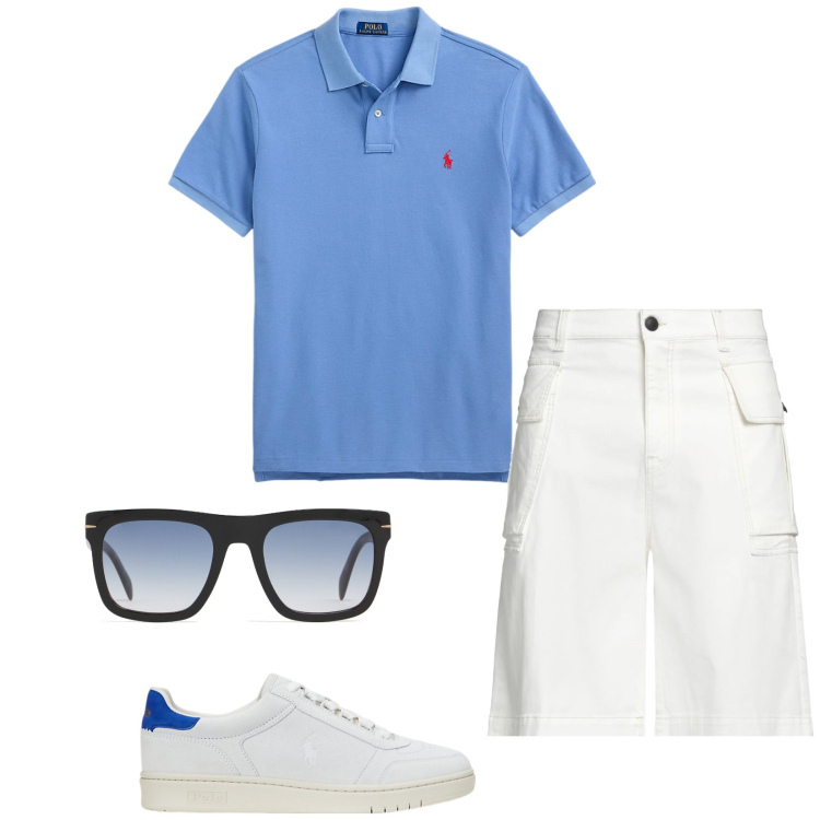 Outfit uomo - Un bravo ragazzo. Stile Casual per Tutti i giorni. Abbinamento con shorts, polo, sneakers, occhiali da sole.
