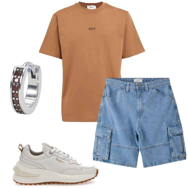 Outfit uomo - In pizzeria. Stile Casual per Tutti i giorni. Abbinamento con bermuda, orecchini, sneakers, t-shirt.