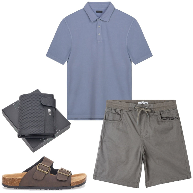 Outfit uomo - Sere d\'estate. Stile Trendy per Tutti i giorni. Abbinamento con shorts, portafogli, sandali, polo.