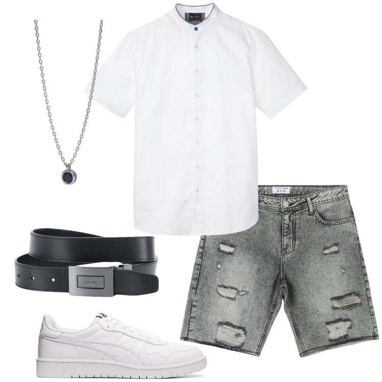 Outfit uomo - Night out. Stile Trendy per Serata speciale. Abbinamento con camicie a manica corta, cinture, shorts, collane, sneakers.