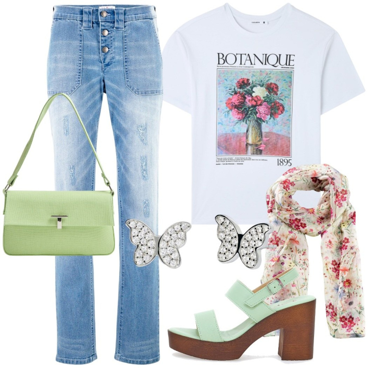 Outfit donna - Outfit fiorito. Stile Romantica per Tutti i giorni. Abbinamento con jeans boyfriend, foulard, t-shirt, borse a spalla, orecchini, zoccoli.