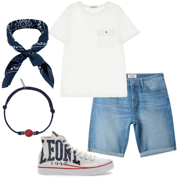Outfit uomo - La sera sul lungomare. Stile Casual per Tutti i giorni. Abbinamento con bermuda, braccialetti, t-shirt, sneakers, sciarpe e foulard.