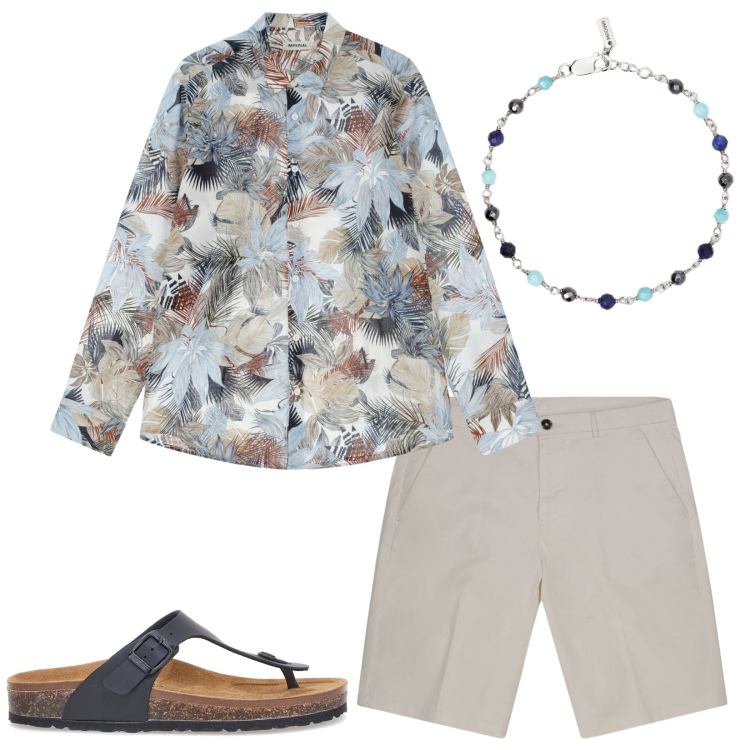 Outfit uomo - A cena con lei. Stile Trendy per Serata speciale. Abbinamento con braccialetti, camicie, bermuda, sandali.