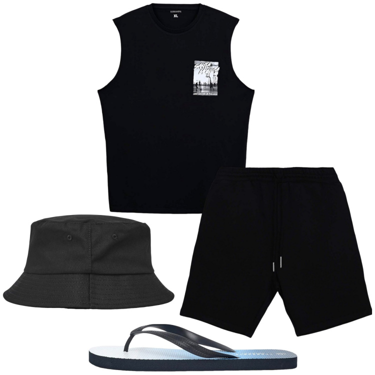 Outfit uomo - Black Summer. Stile Casual per Tutti i giorni. Abbinamento con cappelli, canottiere, sandali, pantaloni corti.