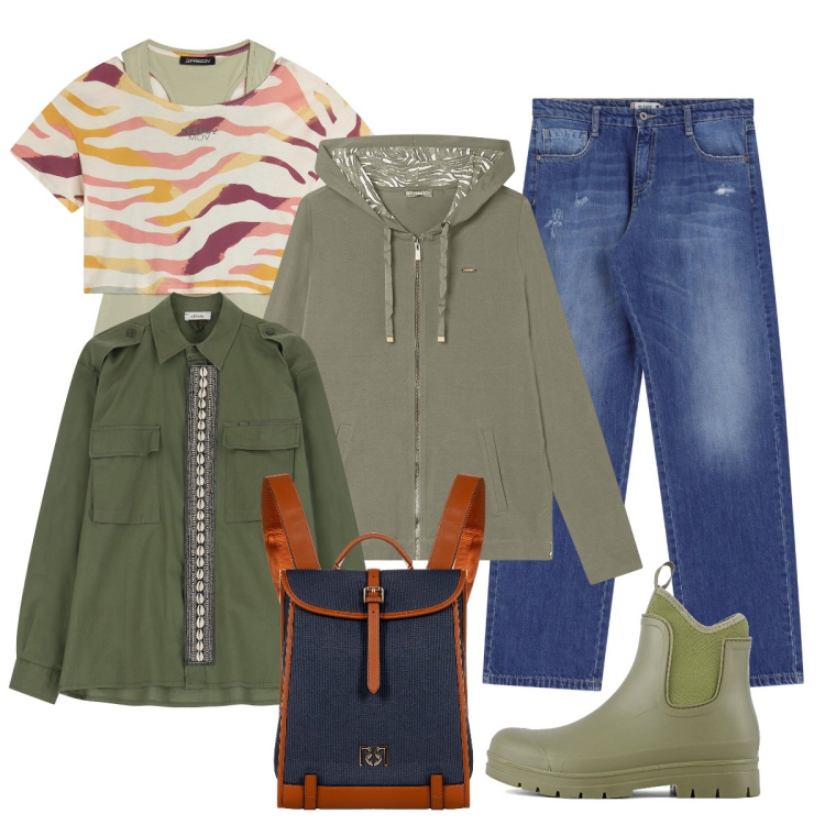 Outfit donna - Camminata tra le vette. Stile Casual per Tutti i giorni. Abbinamento con zaini, jeans dritti, t-shirt, felpe con cappuccio, cappotti, stivali.