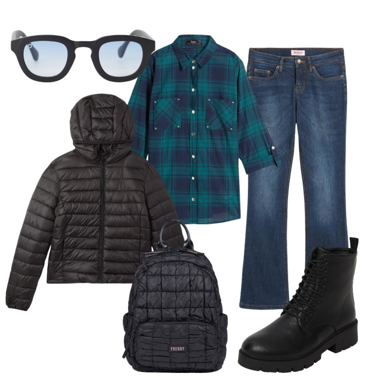 Outfit donna - In montagna…. Stile Casual per Tutti i giorni. Abbinamento con camicie, jeans bootcut, piumini, anfibi, occhiali da sole, zaini.