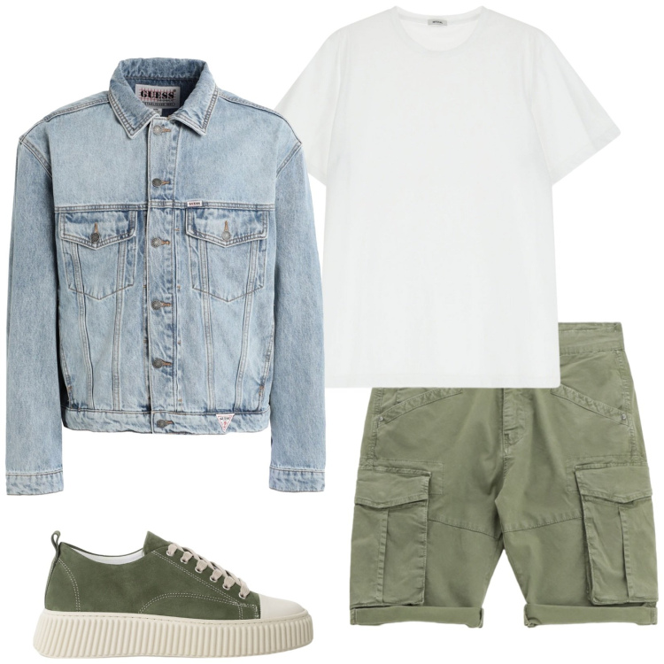 Outfit uomo - Temporale estivo. Stile Casual per Tutti i giorni. Abbinamento con jeans, bermuda, sneakers, t-shirt.