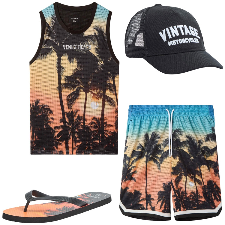 Outfit uomo - Tropical boy. Stile Casual per Tutti i giorni. Abbinamento con sandali, canottiere, bermuda, cappelli.
