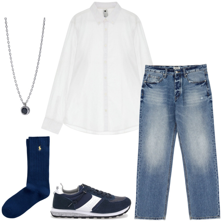 Outfit uomo - Jeans e camicia bianca. Stile Trendy per Serata speciale. Abbinamento con collane, jeans, camicie, calzini, sneakers.