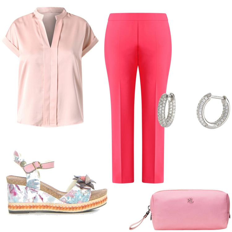 Outfit donna - Rinascimento saldi. Stile Bon Ton per Ufficio. Abbinamento con pantaloni a palazzo, bluse, orecchini, pochette, sandali.