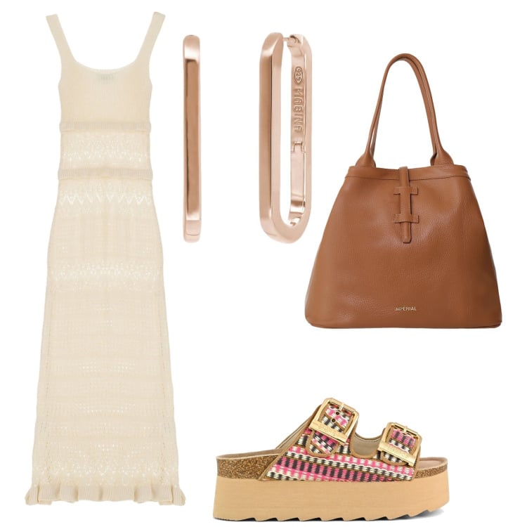 Outfit donna - Beige chiaro. Stile Boho per Tutti i giorni. Abbinamento con orecchini, vestiti midi/longuette, borse tote, sandali.