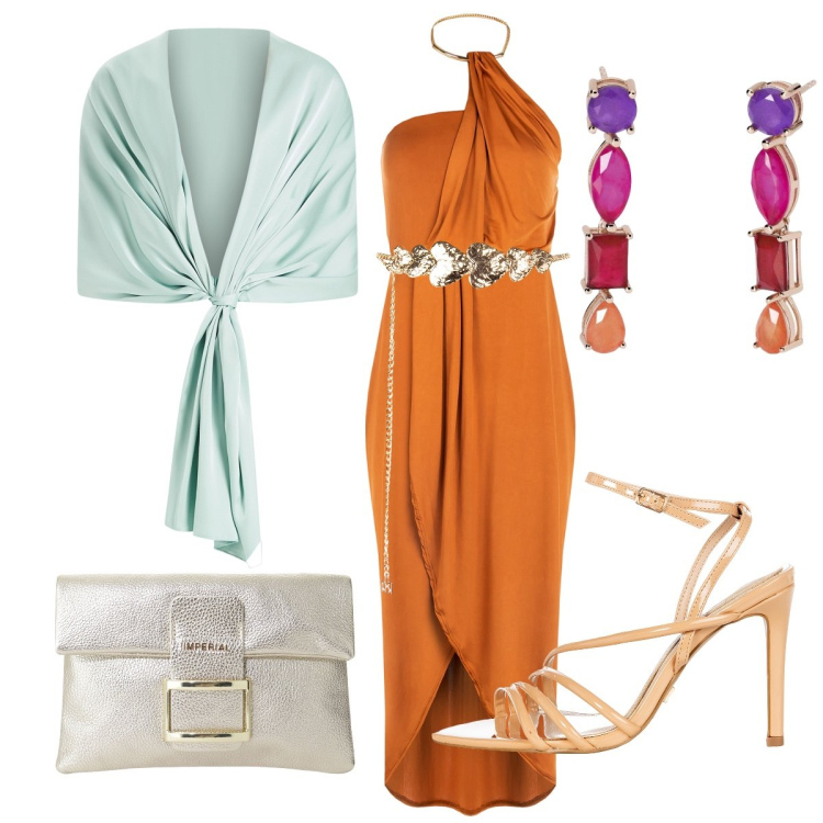 Outfit donna - Cerimonia in arancio & menta. Stile Chic per Cerimonia. Abbinamento con orecchini, cinture, vestiti, sandali col tacco, stole, pochette.