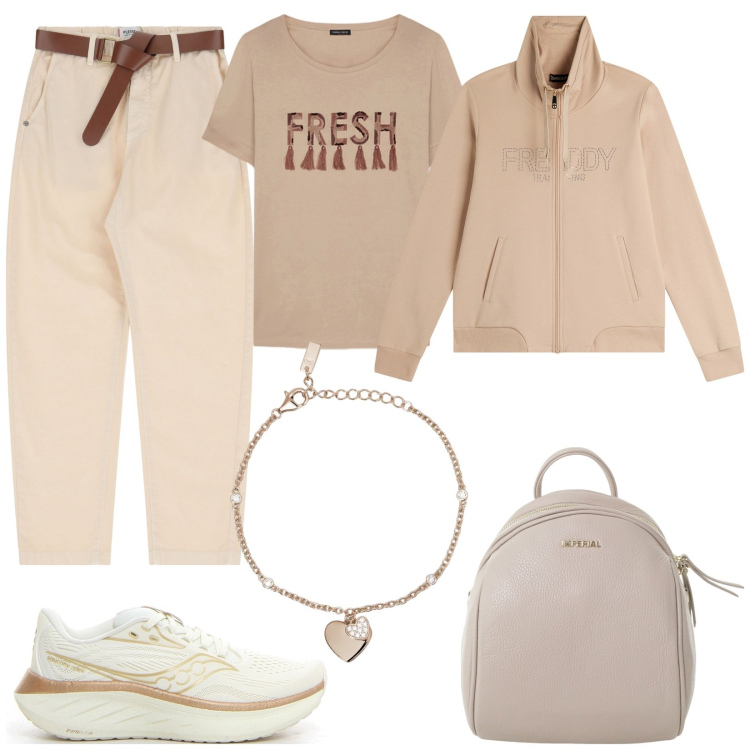 Outfit donna - Vacanze in montagna. Stile Casual per Tutti i giorni. Abbinamento con braccialetti con ciondoli, pantaloni chino, zaini, felpe, t-shirt, scarpe sportive.