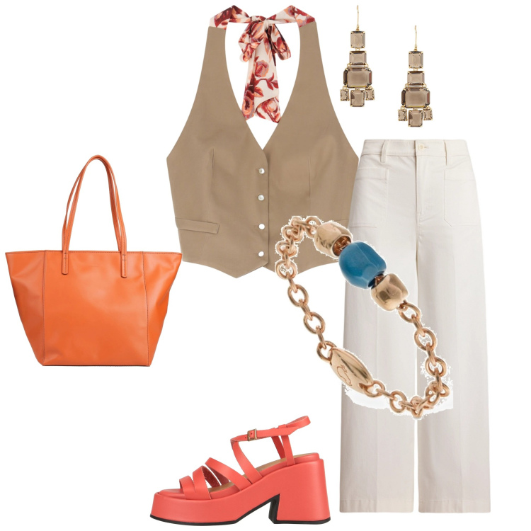 Outfit donna - Total look #2197547. Abbinamento con sandali in pelle, borse a spalla, top, pantaloni, orecchini, anelli.