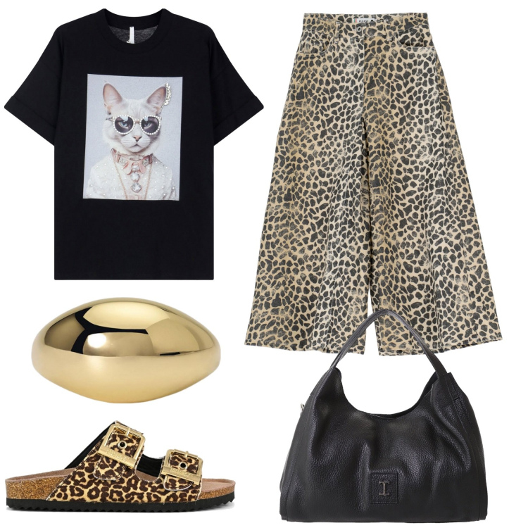 Outfit donna - I sandali in città. Stile Trendy per Tutti i giorni. Abbinamento con anelli, pantaloni culotte, t-shirt, pochette, sandali in pelle.