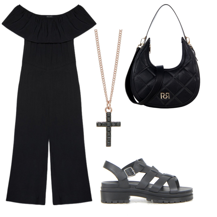 Outfit donna - Jumpsuit fluida per il giorno. Stile Basic per Tutti i giorni. Abbinamento con collane, borse a tracolla, tute, sandali.