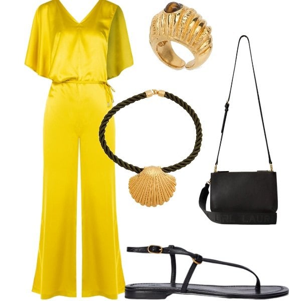Outfit donna - Cerimonia tra intimi. Stile Glamour per Cerimonia. Abbinamento con collane, tute, borse a tracolla, sandali in pelle, anelli.