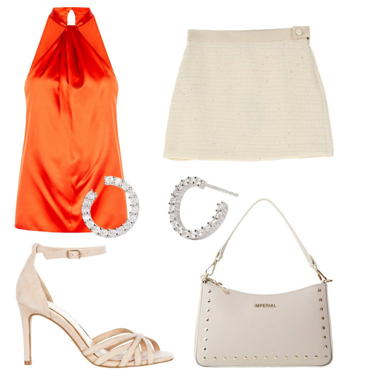 Outfit donna - Arancioluglio. Stile Sexy per Serata fuori. Abbinamento con minigonne, borse a spalla, orecchini, sandali col tacco, top.